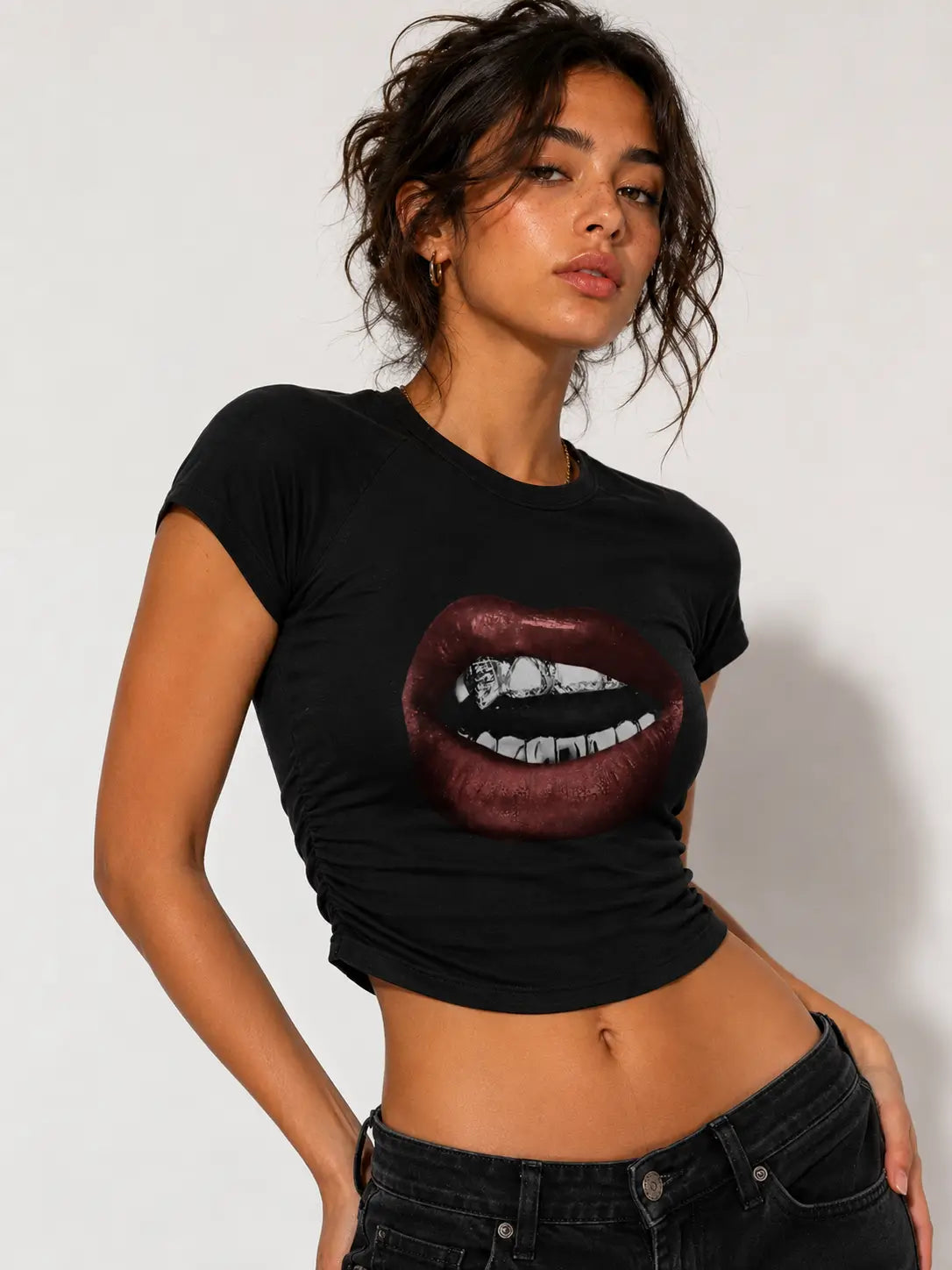 Bite Me Graphic Baby Tee for Women – Y2K Black Fitted Crop Top