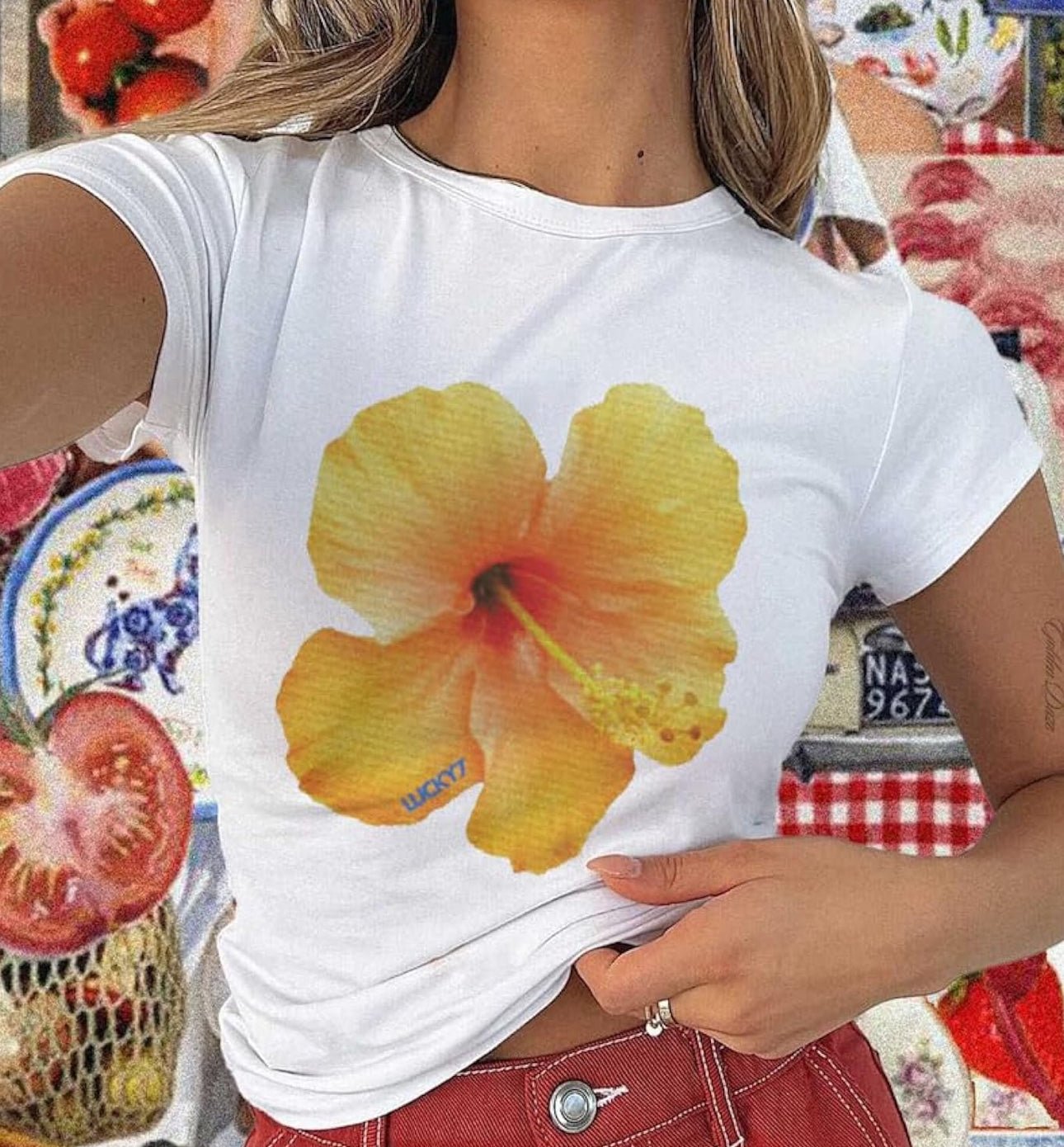 Yellow Hibiscus Graphic Baby Tee – Trendy Floral Crop Top Color white - Acid House™ (formerly Zyra Drip)