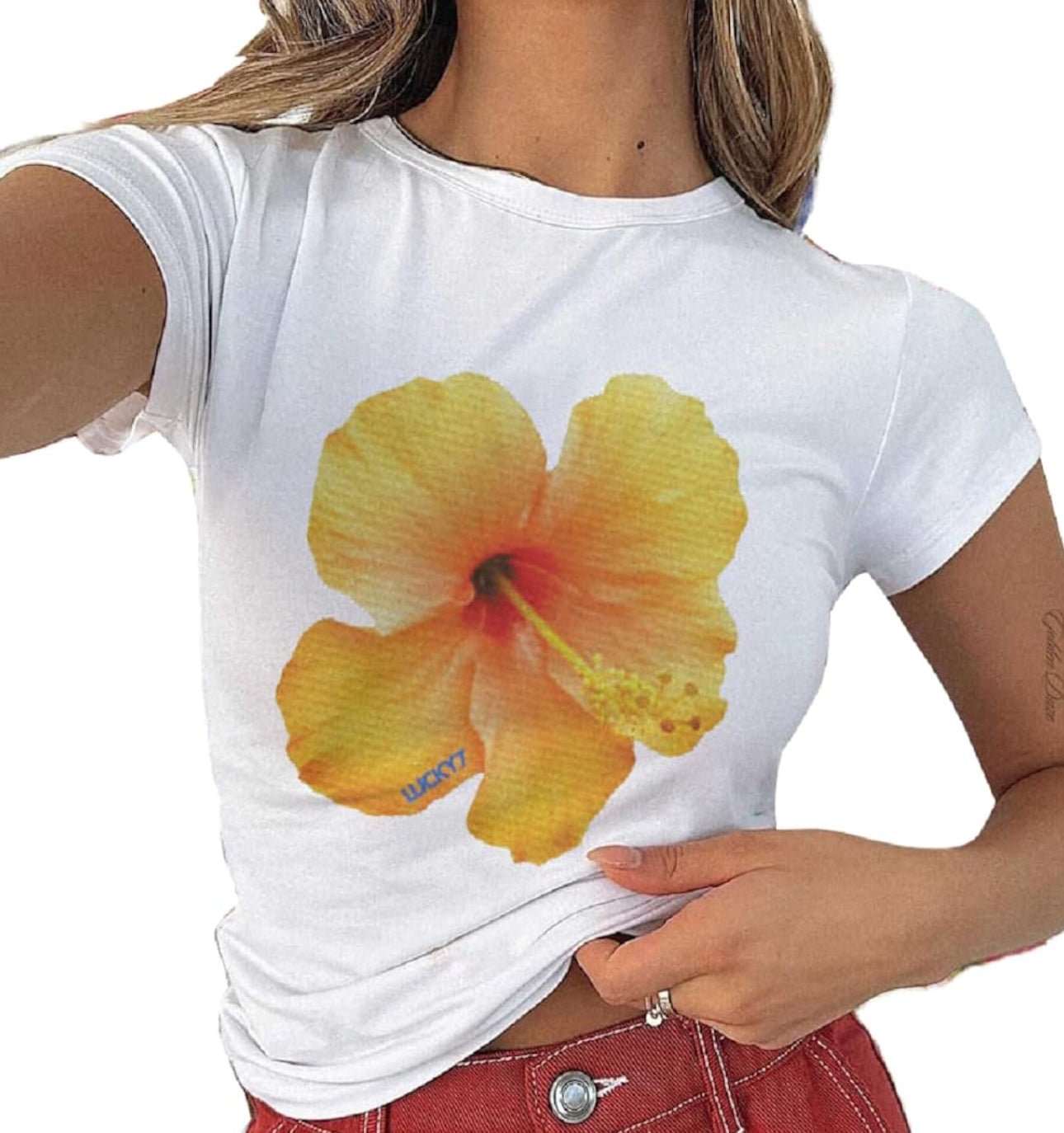 Yellow Hibiscus Graphic Baby Tee – Trendy Floral Crop Top Color white - Acid House™ (formerly Zyra Drip)